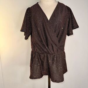 Lane Bryant Womens Striped Glitter Knit Surplice Peplum Short Sleeve Blouse NWT